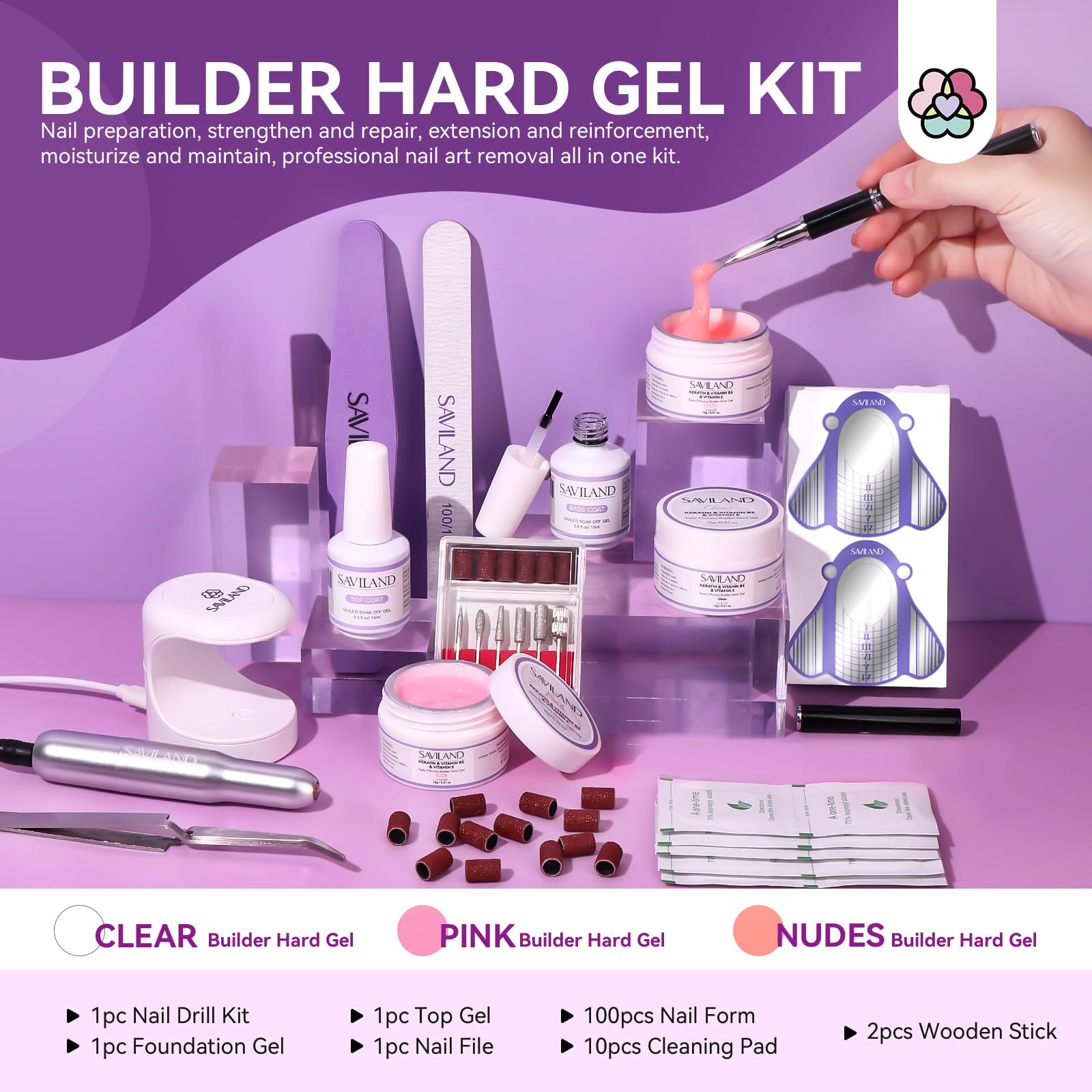 SAVILAND Builder Nail Gel Set with Nail Drill – 3 Gels + Mini Lamp