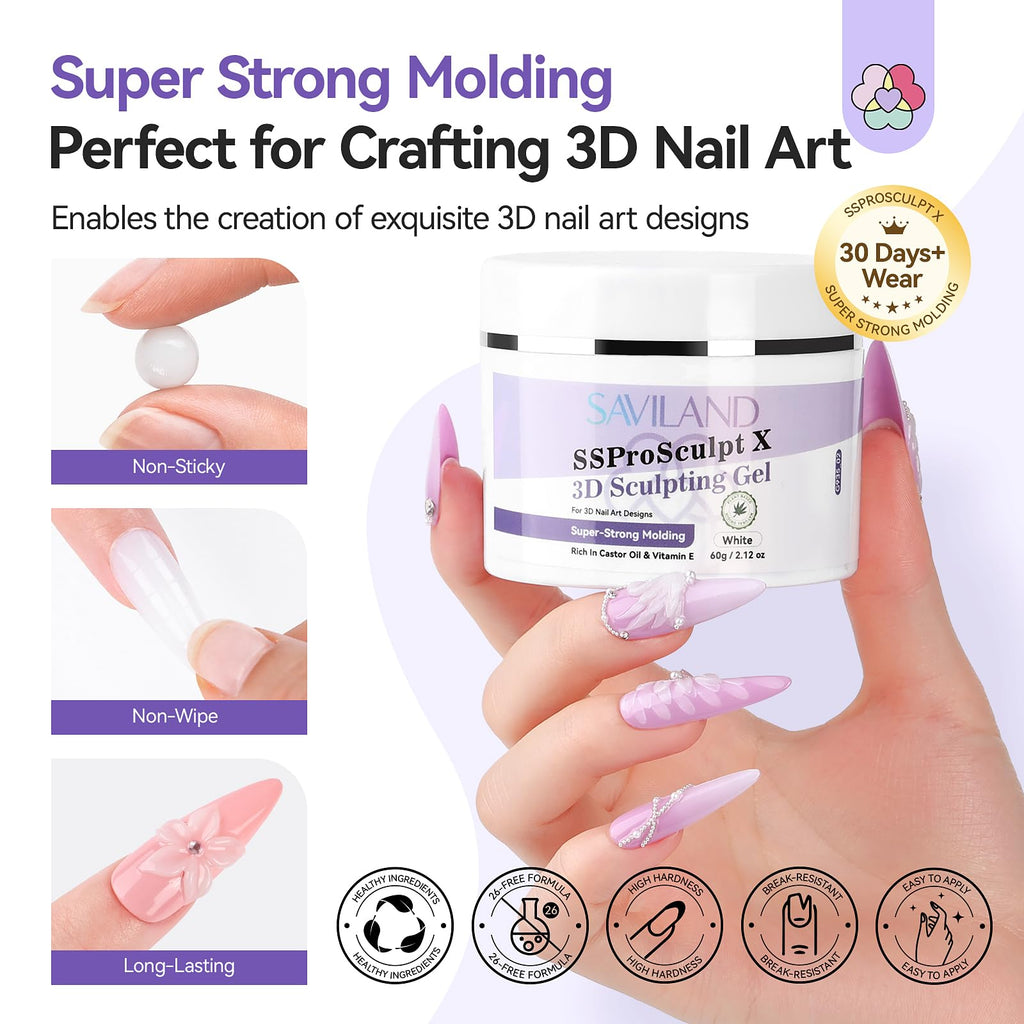 SAVILAND 60 g 3D Nail Gel – Strong Molding, No-Wipe White Sculpting Gel for 3D Nail Art
