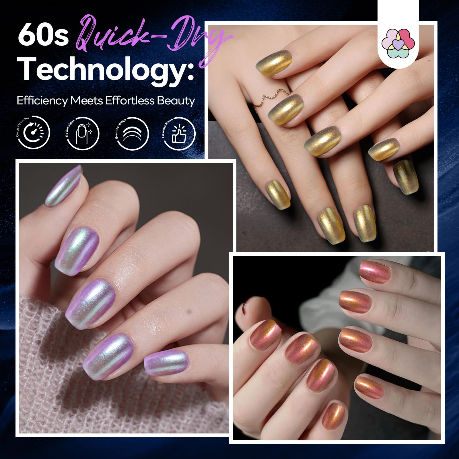 SAVILAND Chameleon Nail Polish Set – 6-Color Holographic Quick-Dry, 12-Free Metallic Chrome Nail Polish