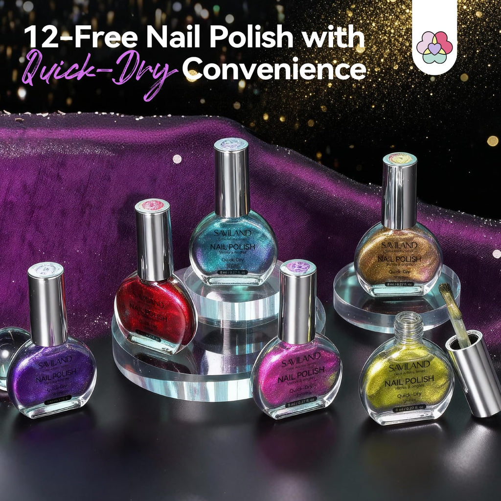 SAVILAND Chameleon Nail Polish Set – 6-Color Holographic Quick-Dry, 12-Free Metallic Chrome Nail Polish