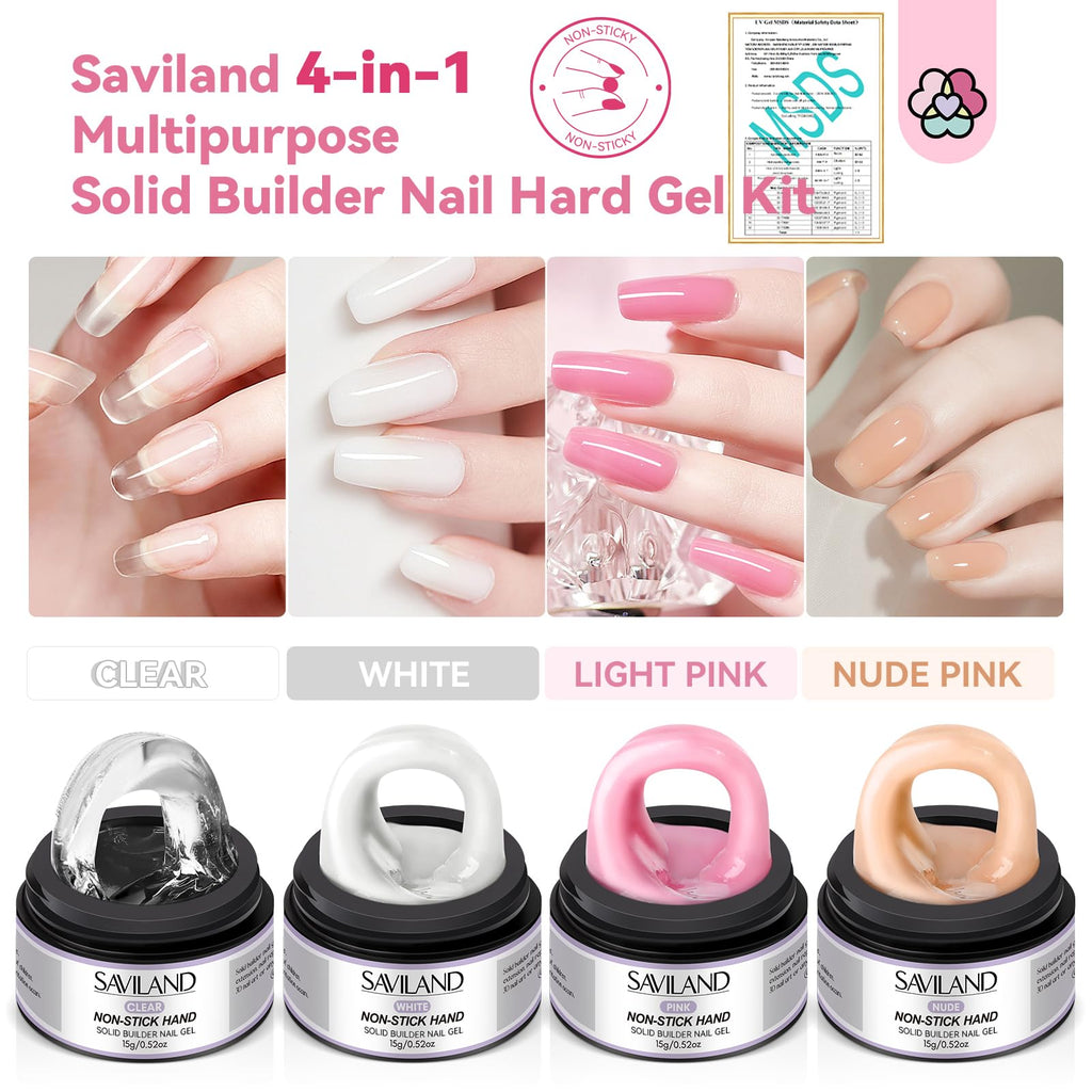 SAVILAND Non Sticky Solid Builder Nail Gel Kit — 4 Colors, Long-Lasting Wear, Chrome Powder & Mermaid Glitter