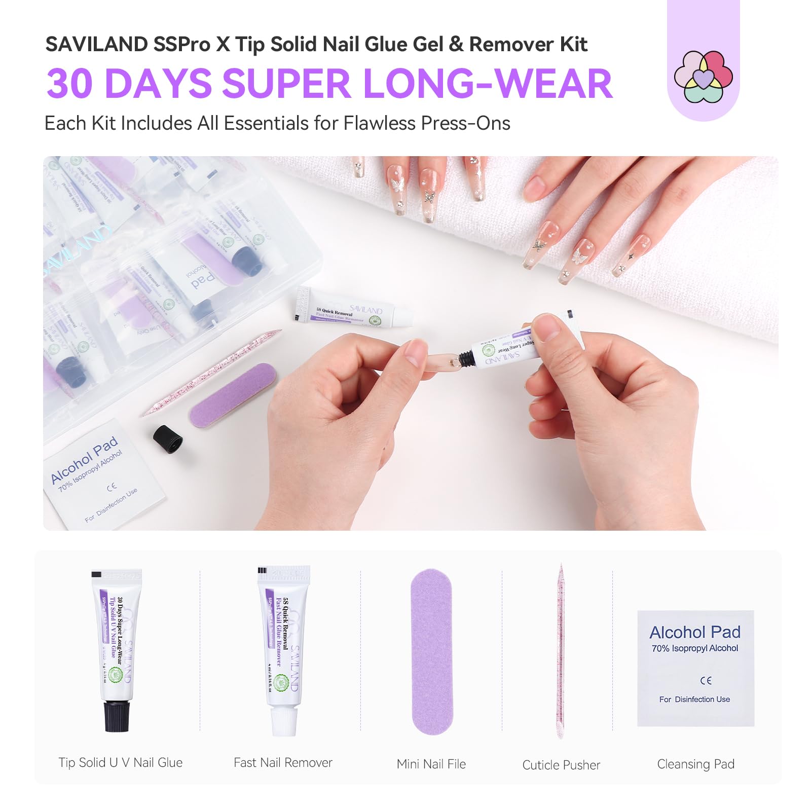 SAVILAND Solid Nail Glue Gel & Remover Kit — 10-Pack Travel-Ready Press-On Nails Tool Set