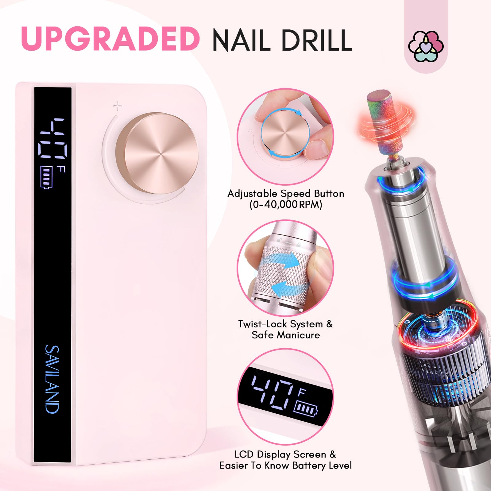 SAVILAND Professional Nail Drill – 40000 RPM Portable Electric Nail File for Salon & Home
