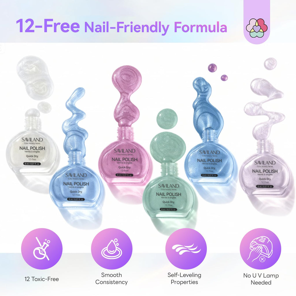 SAVILAND Quick-Dry Aurora Nail Polish Kit | 6+1 Colors, 12-Free, 60–120s Dry, 3-in-1 Base Top Coat + Cuticle Oil