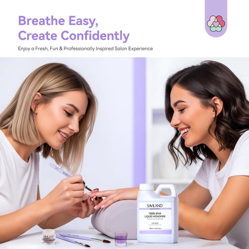 SAVILAND Advanced Monomer Acrylic Nail Liquid Kit – Pure EMA 500 ml, Low Odor, 3 Brushes + Dappen Dish