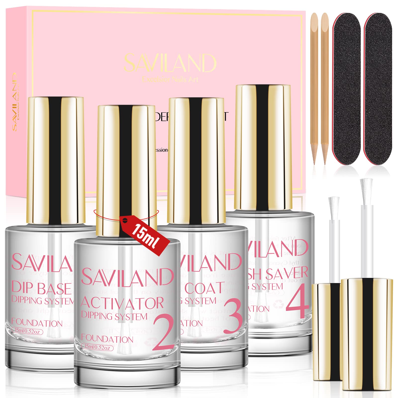 SAVILAND Dip Powder Liquid Set – HEMA-Free Base/Top Coat, Activator, Brush Saver, Nail Files (10 Pcs)