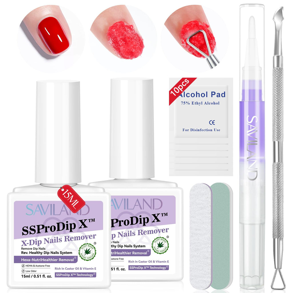 SAVILAND Dip Powder Remover 2 Pcs – Gentle At-Home Nail Removal Kit with Cuticle Oil Pen & Tools