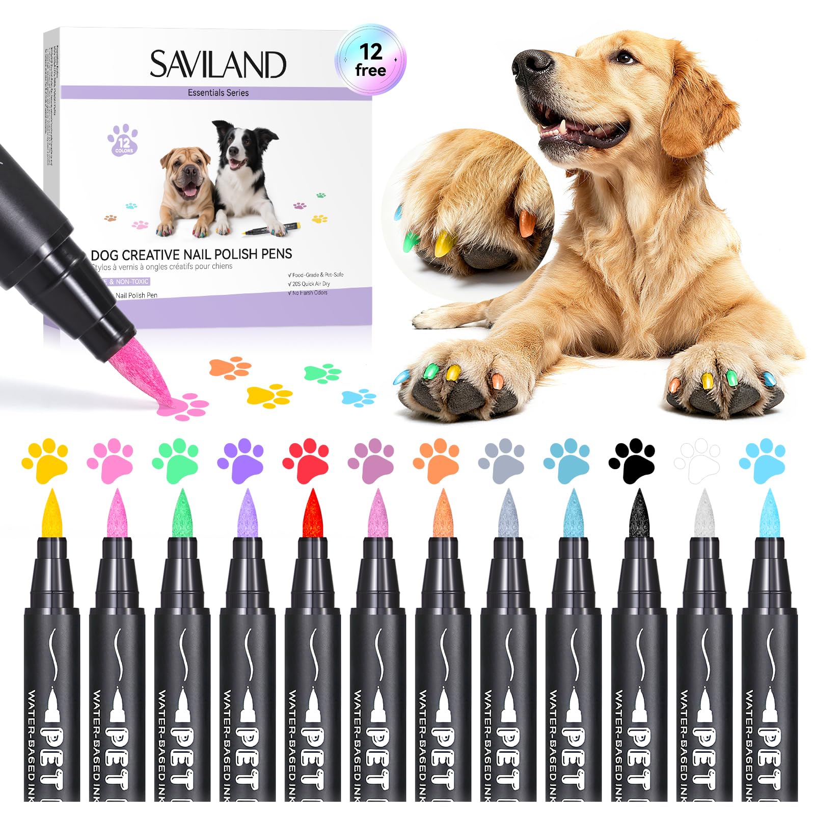 SAVILAND Dog Nail Polish Pens – 12-Color Quick-Dry Pet Nail Art Set
