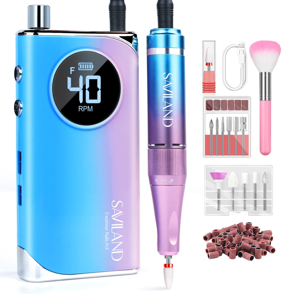 SAVILAND Electric Nail Drill 40000RPM – Pro Kit (56 Sanding Bands, 12 Bits) Rechargeable Nail File for Acrylic, Gel, and Polishing