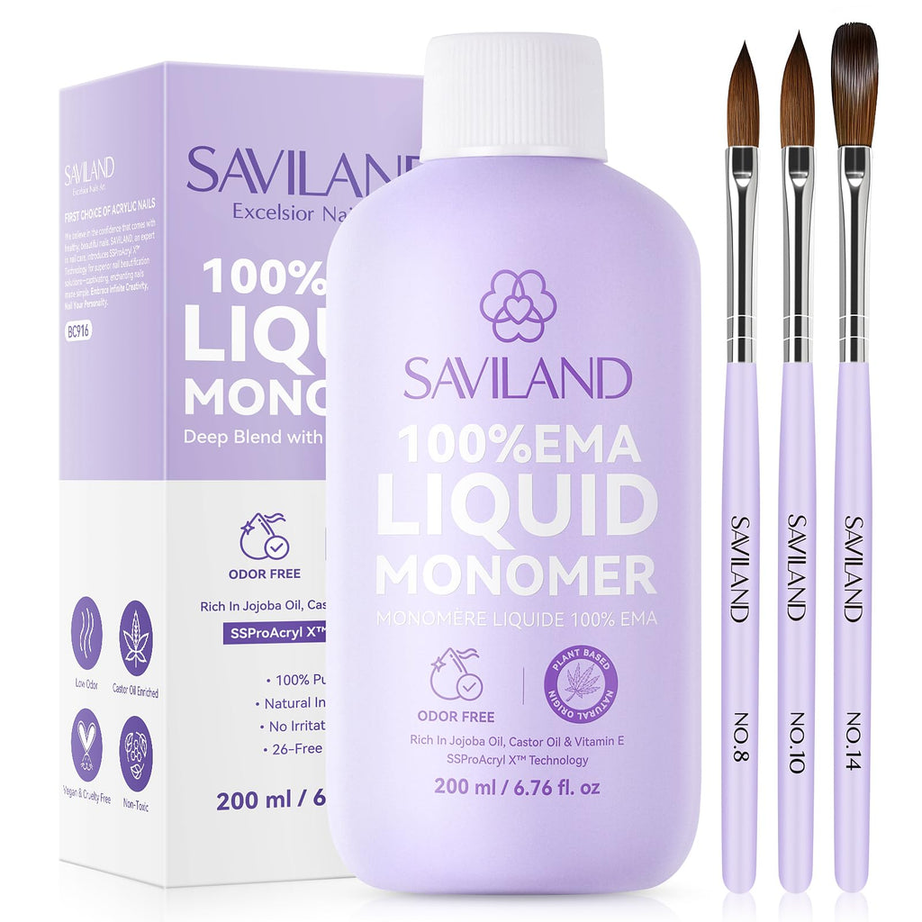 SAVILAND EMA Monomer Nail Liquid 200ml – Low-Odor, MMA-Free, 3 Brush Kit