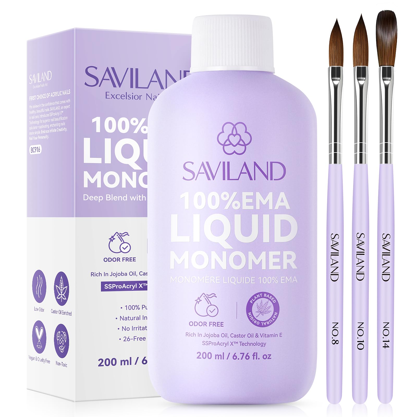 SAVILAND EMA Monomer Nail Liquid 200ml – Low-Odor, MMA-Free, 3 Brush Kit