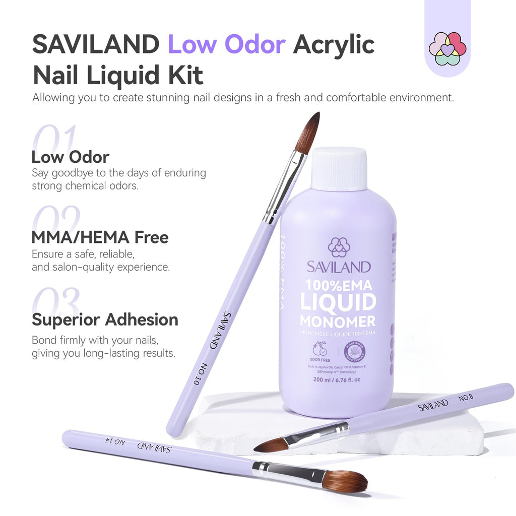 SAVILAND EMA Monomer Nail Liquid 200ml – Low-Odor, MMA-Free, 3 Brush Kit