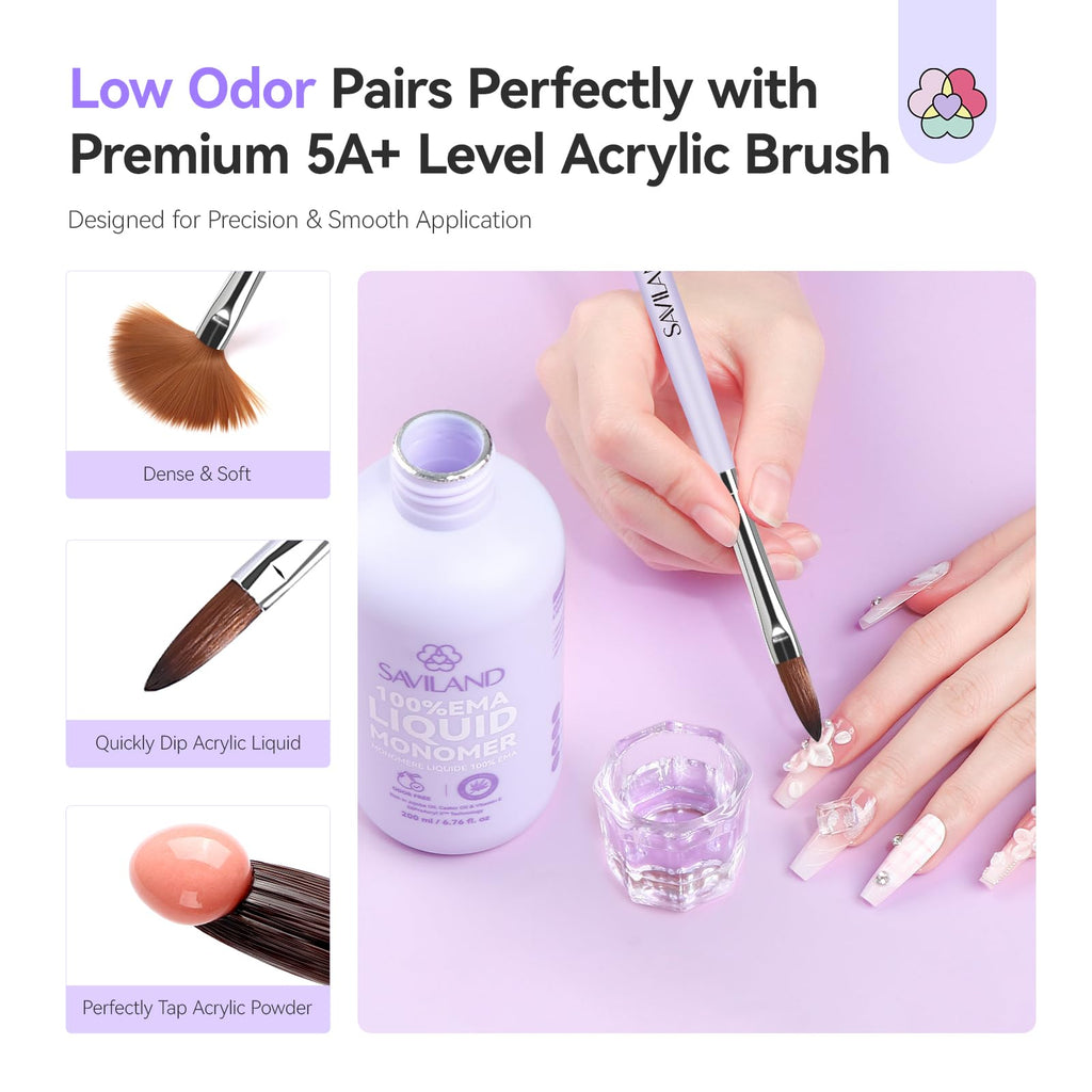 SAVILAND EMA Monomer Nail Liquid 200ml – Low-Odor, MMA-Free, 3 Brush Kit