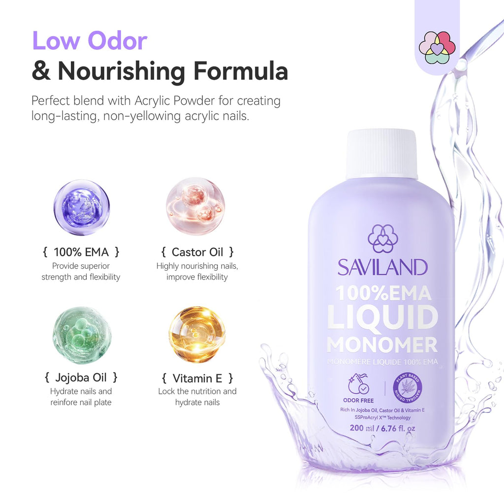 SAVILAND EMA Monomer Nail Liquid 200ml – Low-Odor, MMA-Free, 3 Brush Kit