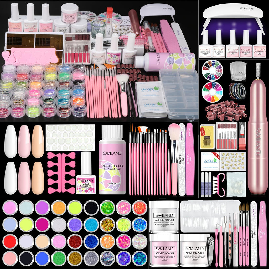 SAVILAND Essentials Acrylic Nail Kit for Beginners – 120ml Monomer, Glitter Powder, Nail Drill & UV Lamp