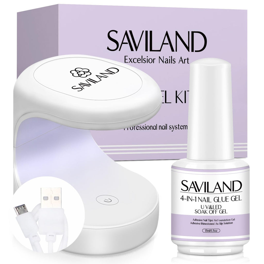 SAVILAND Gel Nail Glue with Lamp Duo – 15ml Glue + UV/LED Nail Lamp for DIY Extensions