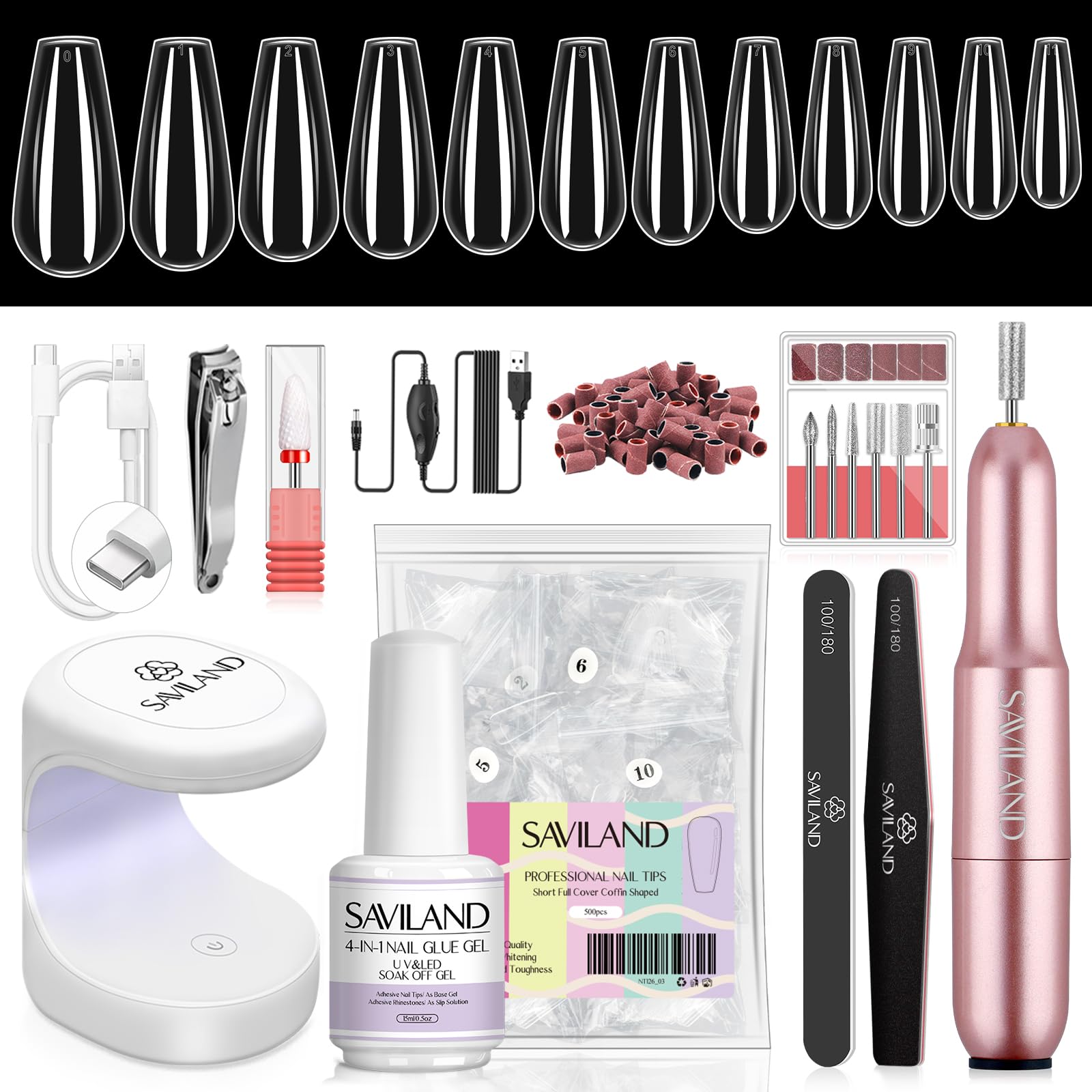SAVILAND Gel Nail Kit with UV Light | At-Home Manicure Set with 500 Short Coffin Tips, 4-in-1 Glue, Drill & Mini Lamp