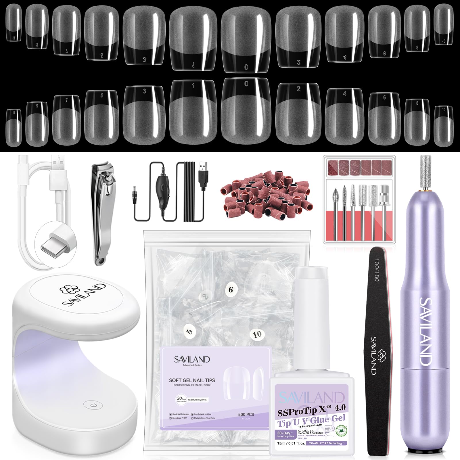 SAVILAND Gel Nail Kit — 500 XS Extra Short Tips, Drill Kit & Mini Lamp for DIY At-Home Nails