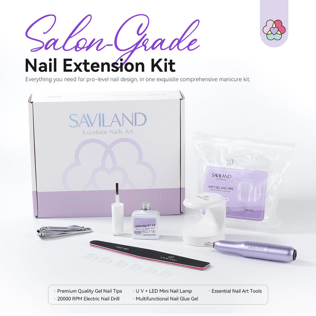 SAVILAND Gel Nail Kit — 500 XS Extra Short Tips, Drill Kit & Mini Lamp for DIY At-Home Nails