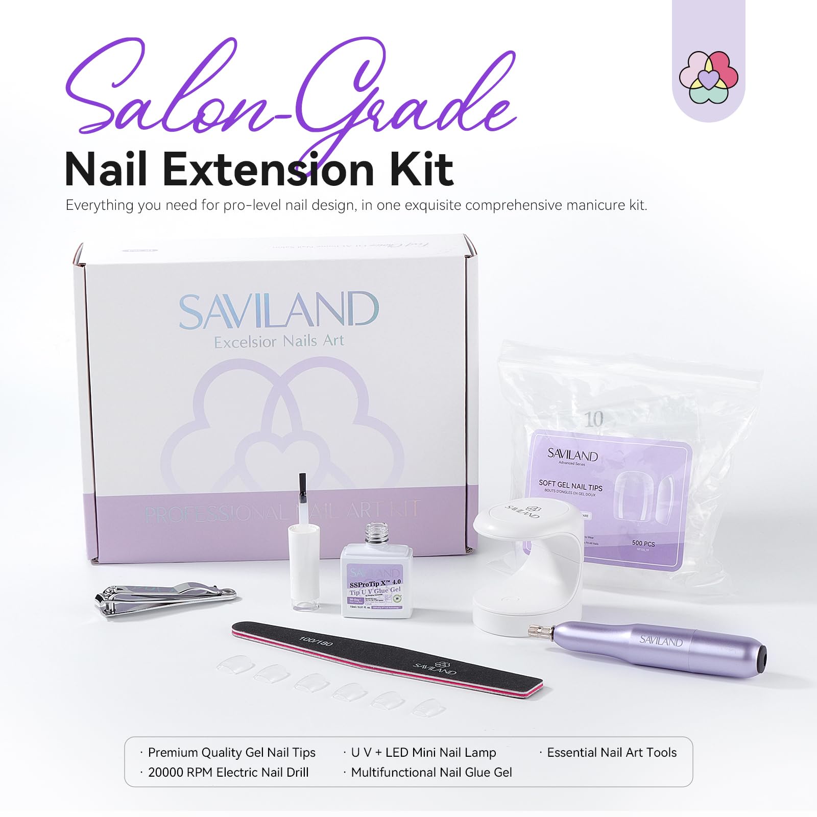 SAVILAND Gel Nail Kit — 500 XS Extra Short Tips, Drill Kit & Mini Lamp for DIY At-Home Nails