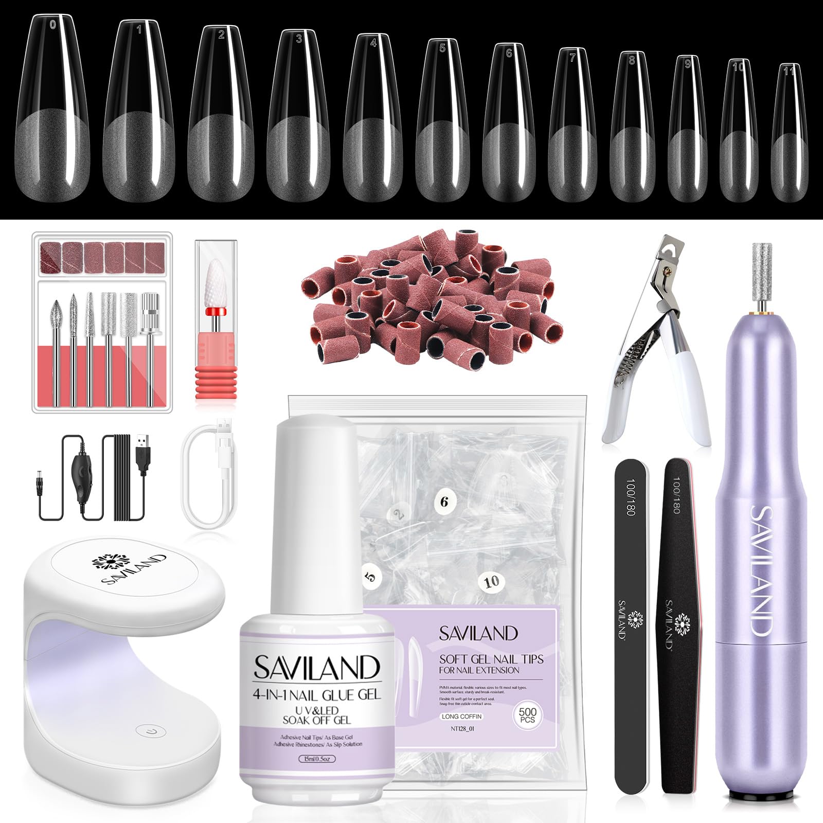 SAVILAND Gel Nail Kit with Drill – All-in-1 Beginner Nail Kit (0.5oz Glue, 500 Tips, Mini Lamp) | At-Home Salon