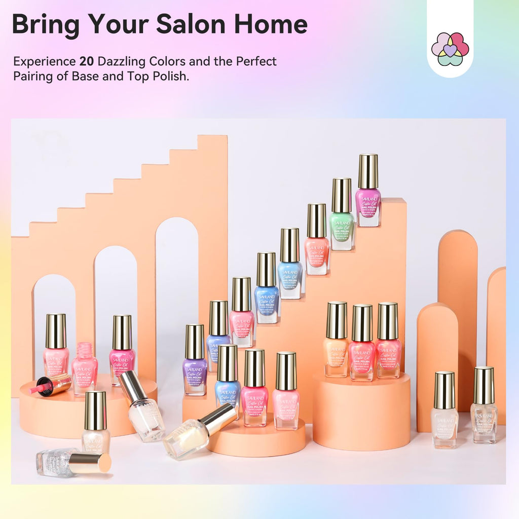 SAVILAND 20+3 Color Nail Polish Set – 5ml Quick-Dry Pastel Kit with Base, Glossy & Matte Top Coats
