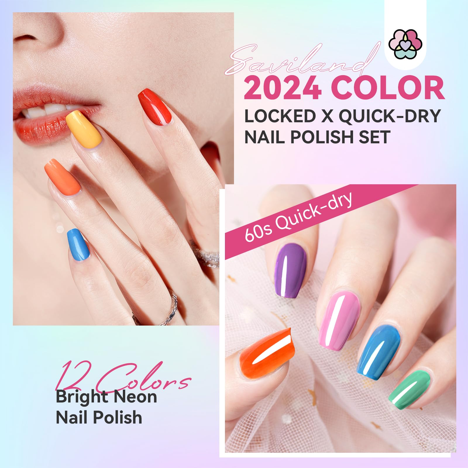 SAVILAND Quick Dry Nail Polish Set - 14 Neon Summer Colors, Base & Top Coat Included