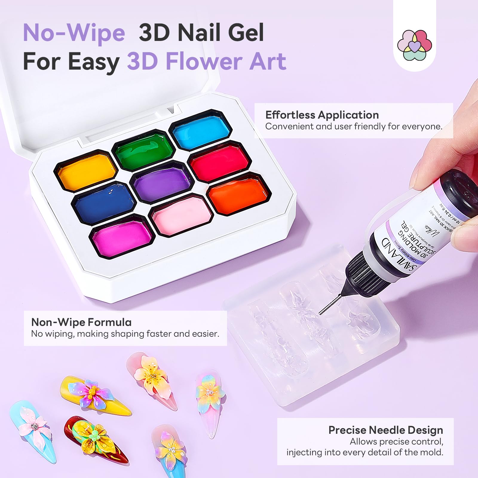 SAVILAND 3D Patting Gel Polish Kit: 9-Color Ombre & 3D Flower Mold