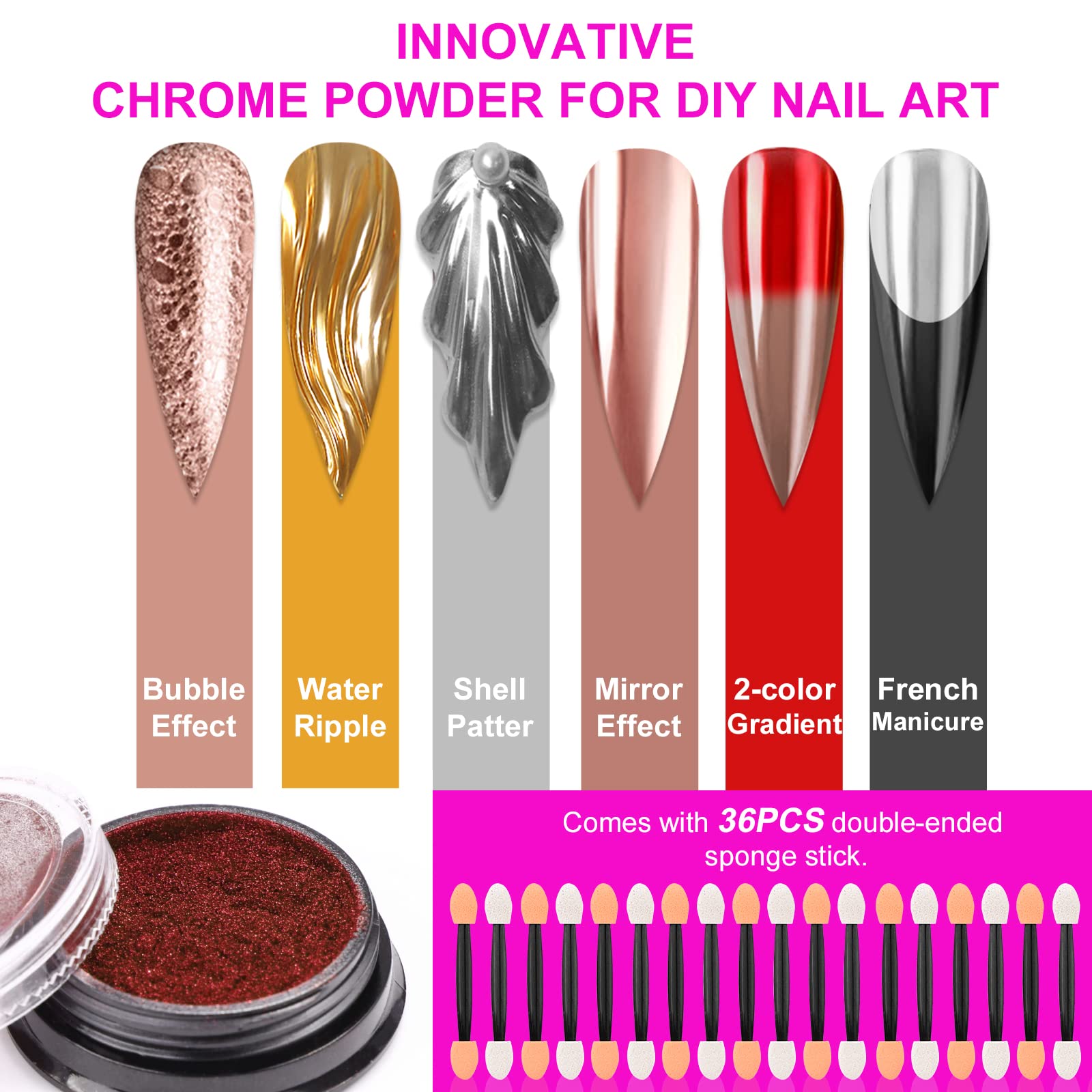 Saviland Chrome Nail Powder Set – 36 Colors, Mirror & Holographic Finish