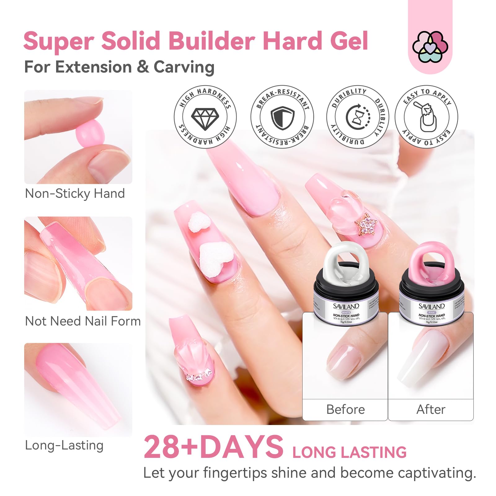 SAVILAND Non Sticky Solid Builder Nail Gel Kit — 4 Colors, Long-Lasting Wear, Chrome Powder & Mermaid Glitter