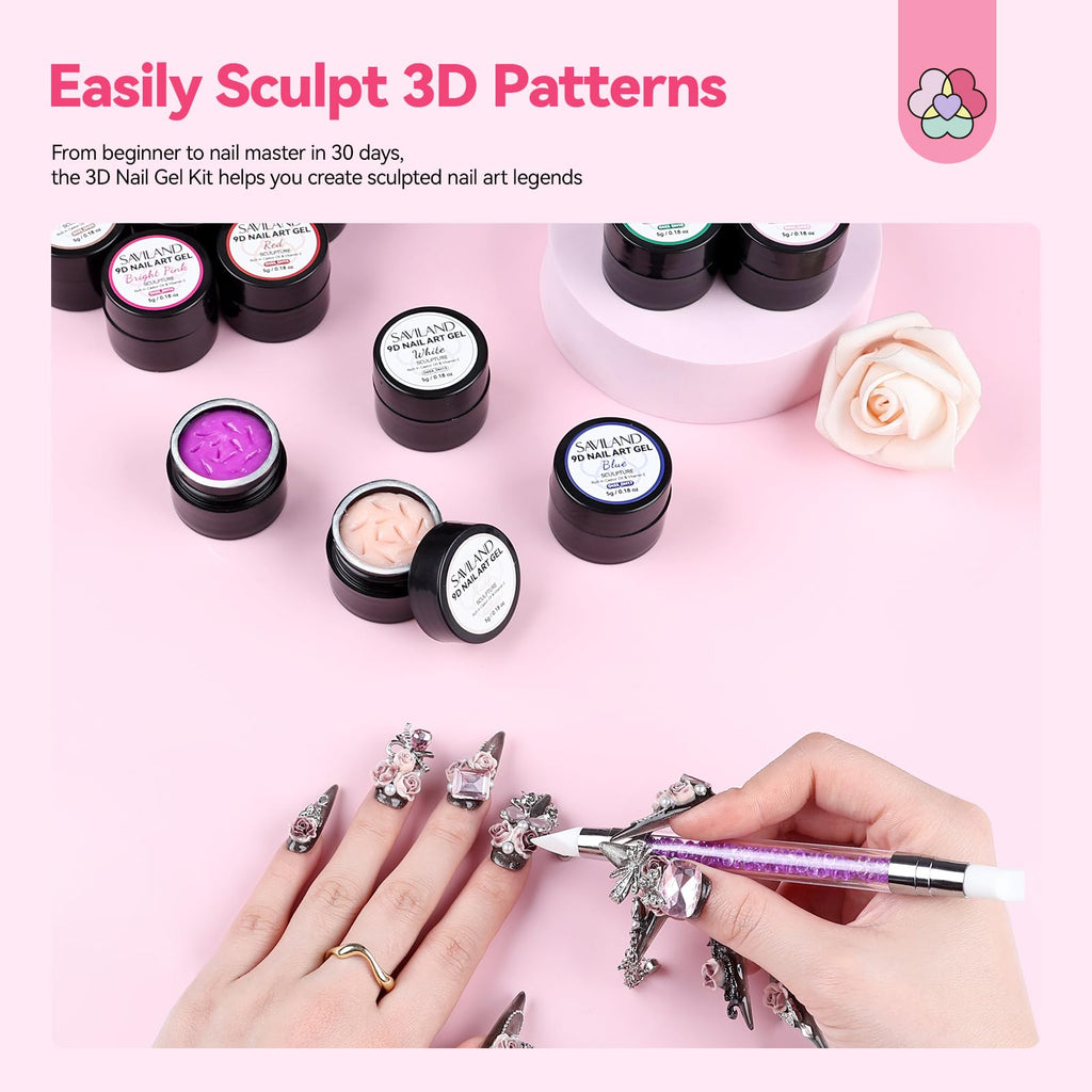 SAVILAND 3D Nail Gel Set – 12 Colors, Non-Sticky Soak Off, 3D Sculpting Kit for DIY Nail Art