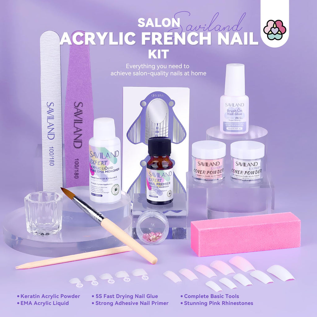 SAVILAND Acrylic Nail Kit – Keratin Powder, Castor Oil, Nail Primer, French Tips & Rhinestones