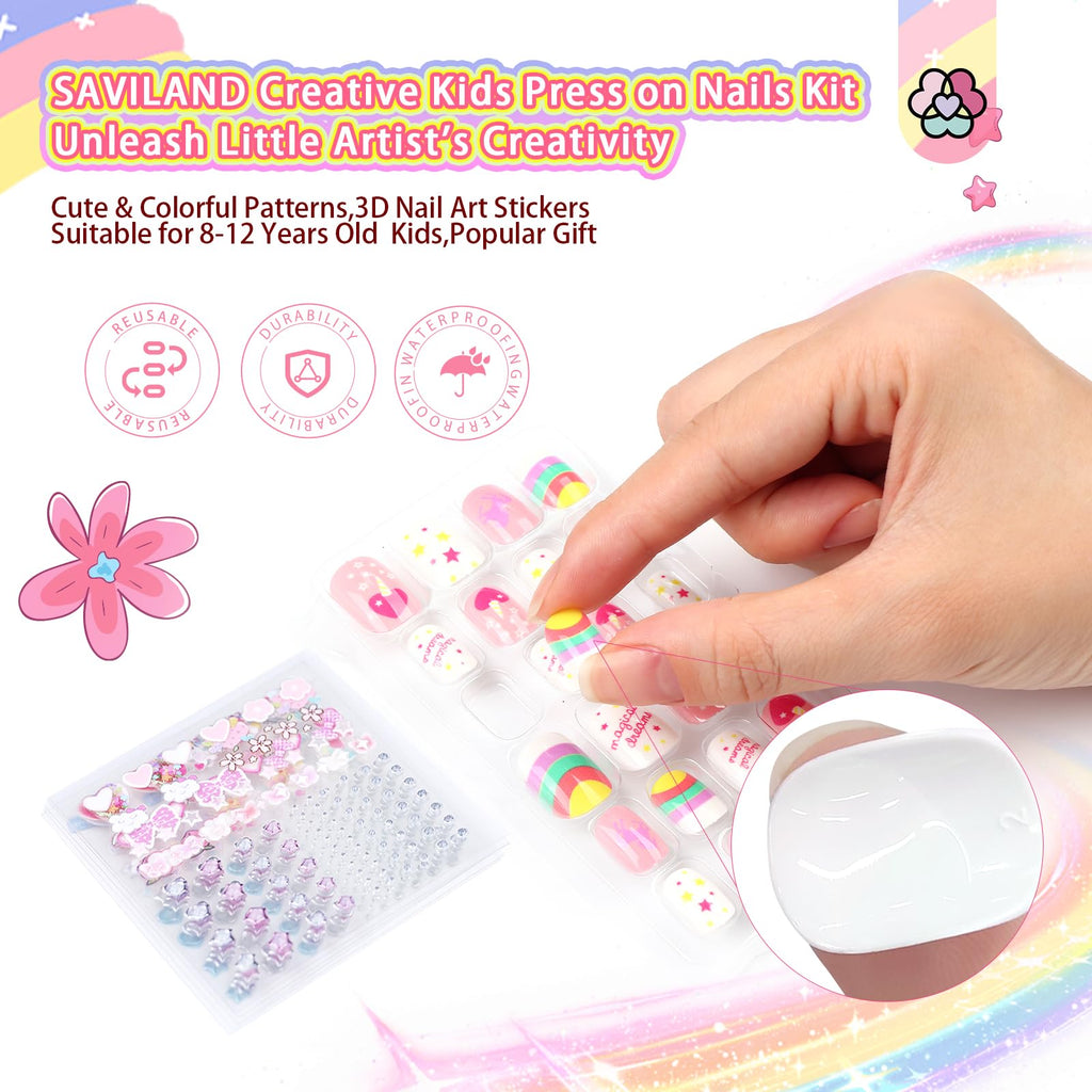 SAVILAND Kids Press-On Nails – 6-Pack with 3D Stickers for Creative DIY Nail Art