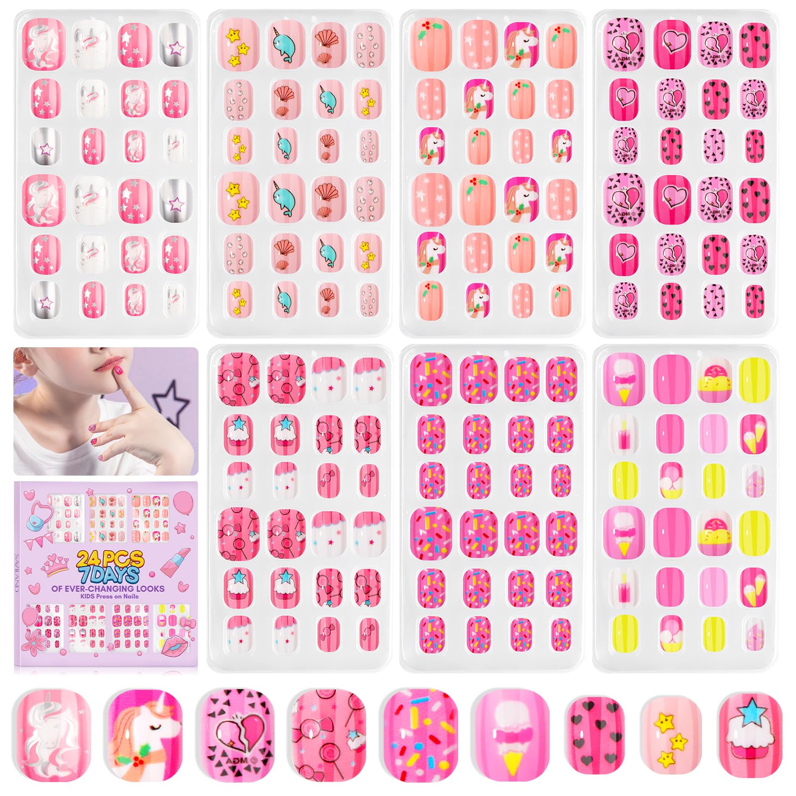 SAVILAND Kids Press-On Nails — 168PCS, 7 Styles, Safe ABS Material, 8–12 Years