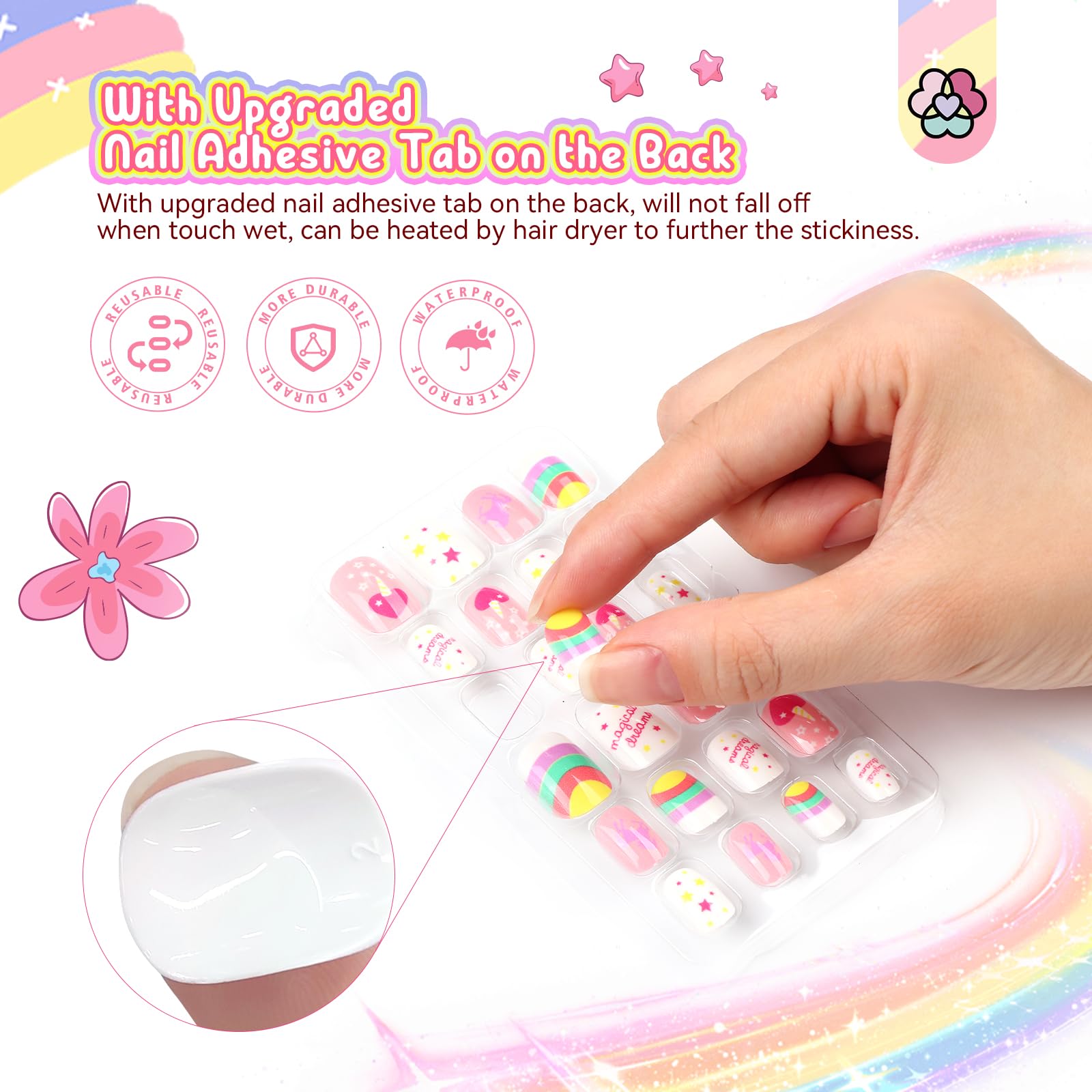 SAVILAND 168 Pieces Kids Press-On Nails – 7 Pack for Girls 8-12 | Glitter Short Full-Cover Nails