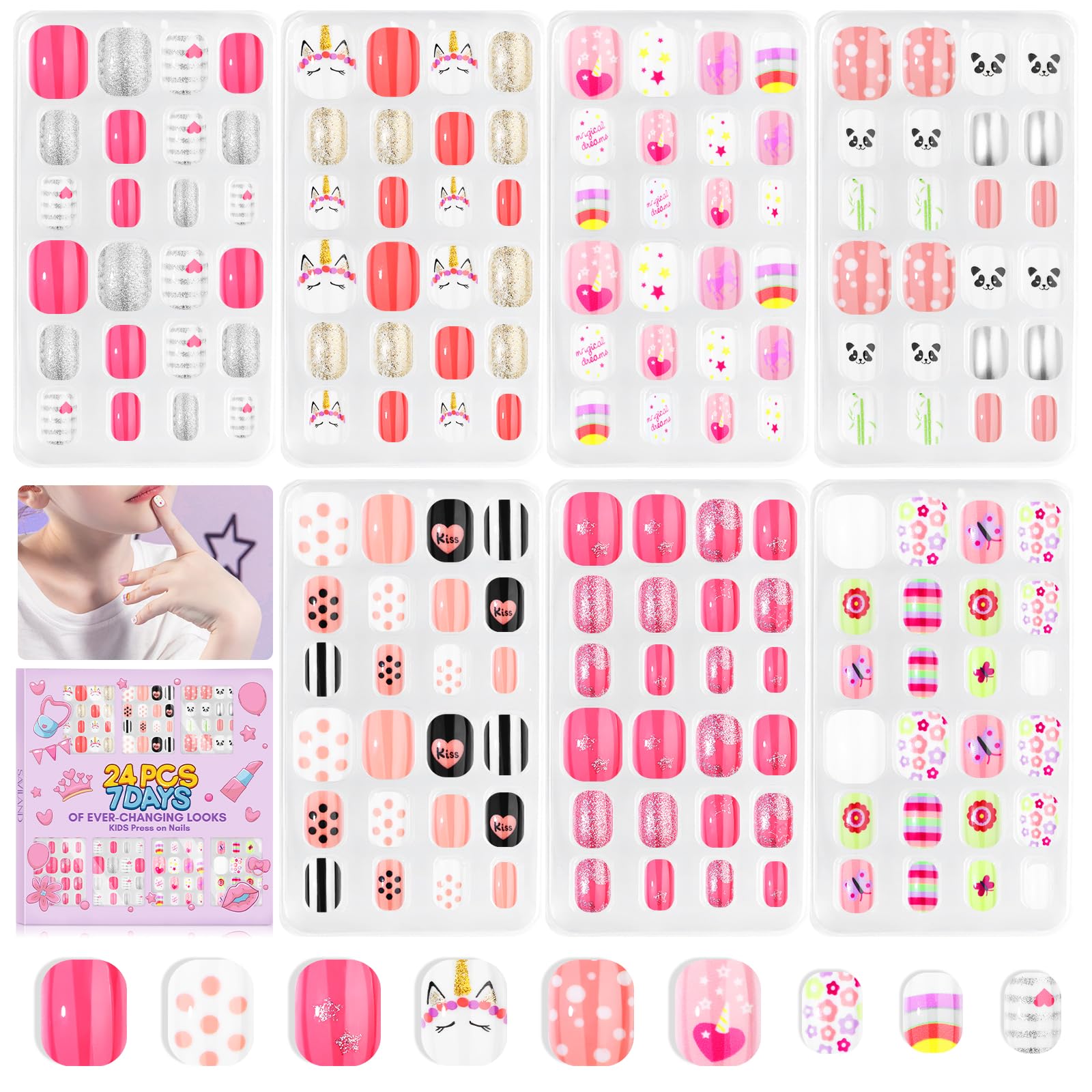 SAVILAND 168 Pieces Kids Press-On Nails – 7 Pack for Girls 8-12 | Glitter Short Full-Cover Nails