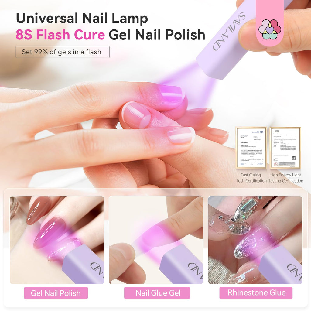 SAVILAND UV Light for Gel Nails – 8s Flash Cure, 12W Handheld Lamp, 360° Rotatable, USB-C Rechargeable