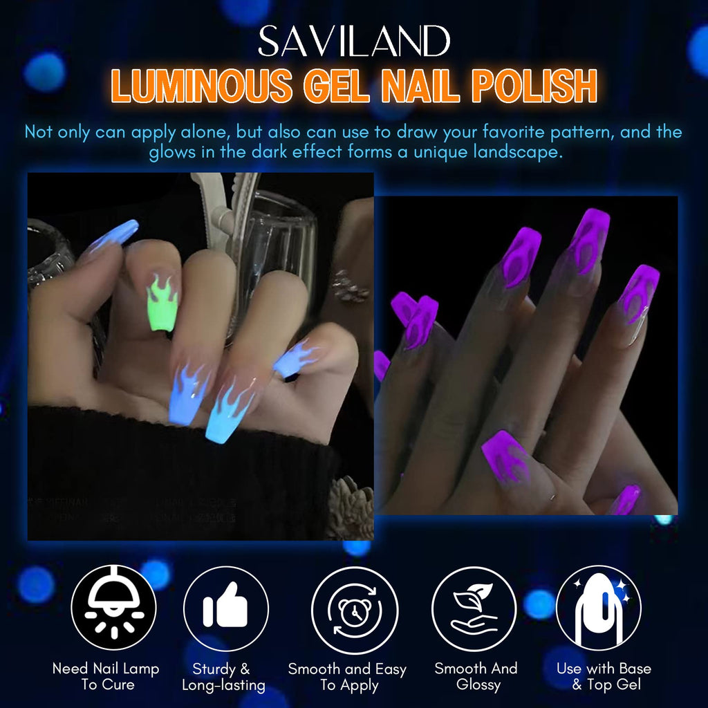 SAVILAND Glow in the Dark Nail Polish Set — 24 Neon Gel Colors, UV Quick-Dry, Reflective Glow