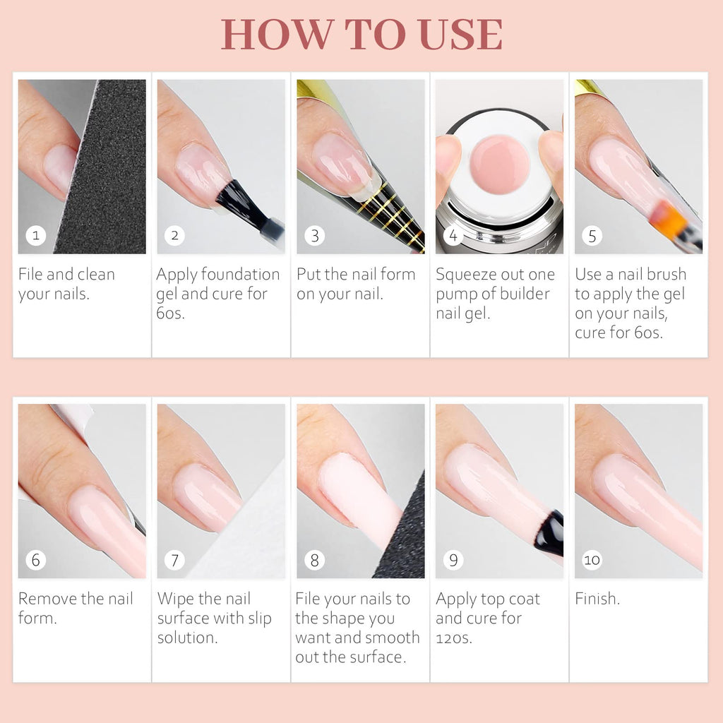 SAVILAND Builder Nail Gel Kit – Nude Pink 30ml, Air Cushion Bottle, 100 Forms & Brushes