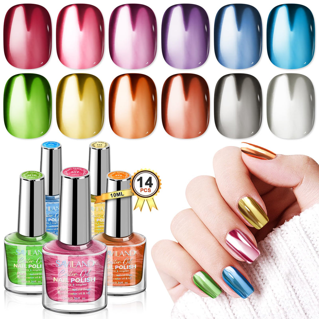 SAVILAND Metallic Nail Polish Quick Dry - 12 Neon Chrome Colors + Base & Top Coat