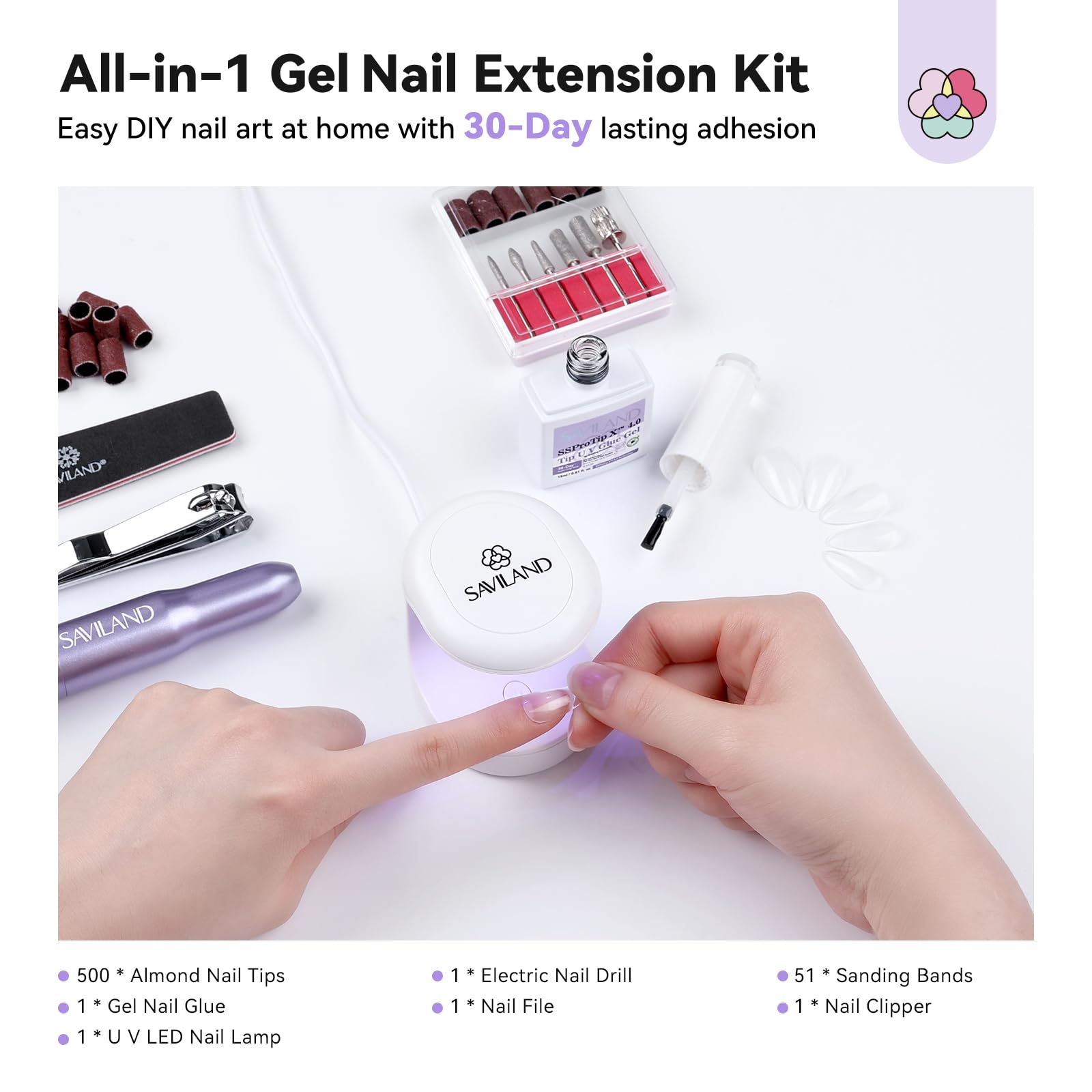SAVILAND Pro Gel Nail Kit with Drill – Short Almond Tips, 12 Sizes, 500 PCS, Dual-Light Lamp