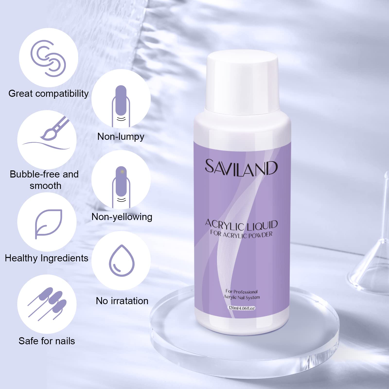 SAVILAND Monomer Acrylic Liquid 4 oz – Non-Yellowing & Fast-Drying for Nail Extensions