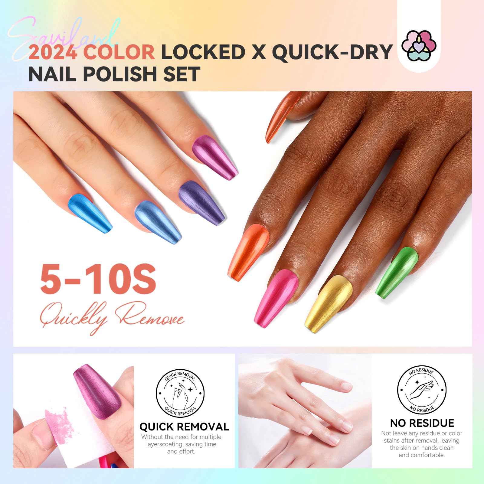 SAVILAND Metallic Nail Polish Quick Dry - 12 Neon Chrome Colors + Base & Top Coat