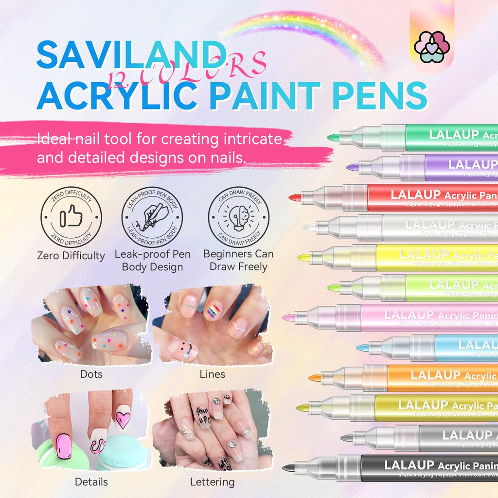 SAVILAND 12 Colors Nail Art Pens Set – Fine-Tip Acrylic Paint Pens for DIY Nail Design