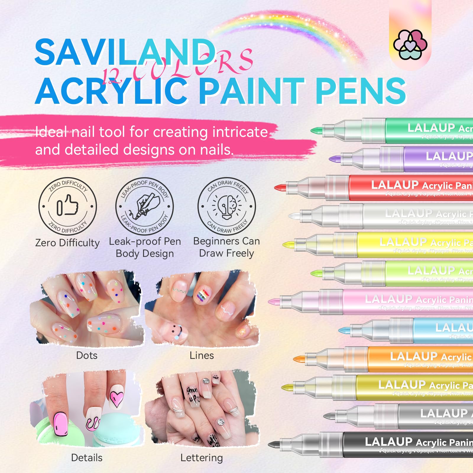 SAVILAND 12 Colors Nail Art Pens Set – Fine-Tip Acrylic Paint Pens for DIY Nail Design