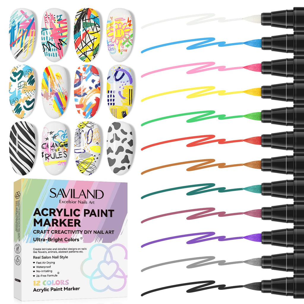 SAVILAND Nail Art Pens Set – 12 Quick-Dry Colors for DIY Nail Art