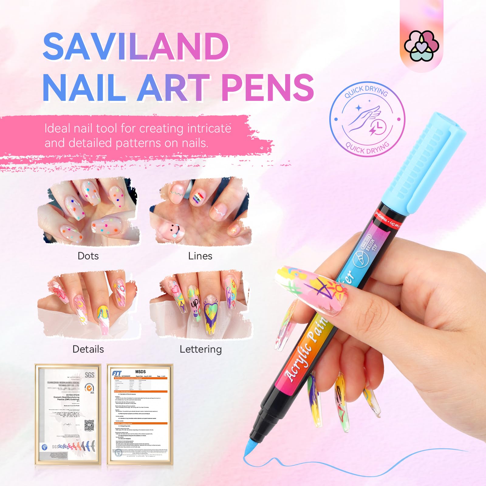 SAVILAND Nail Art Pens Set – 12 Quick-Dry Colors for DIY Nail Art