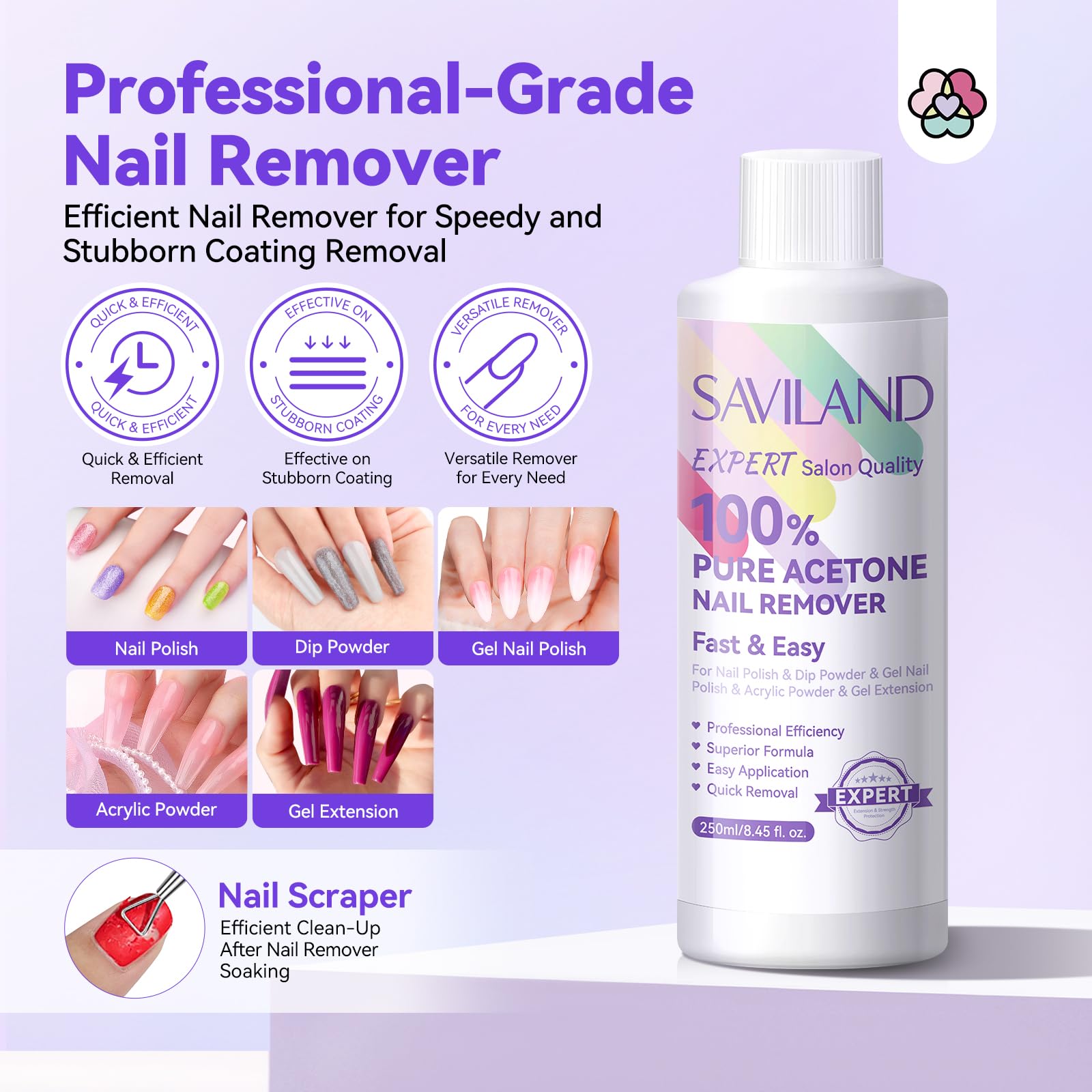 SAVILAND Pure Acetone Nail Polish Remover Kit – 8.45 oz for Gel, Dip Powder & Acrylic Nails