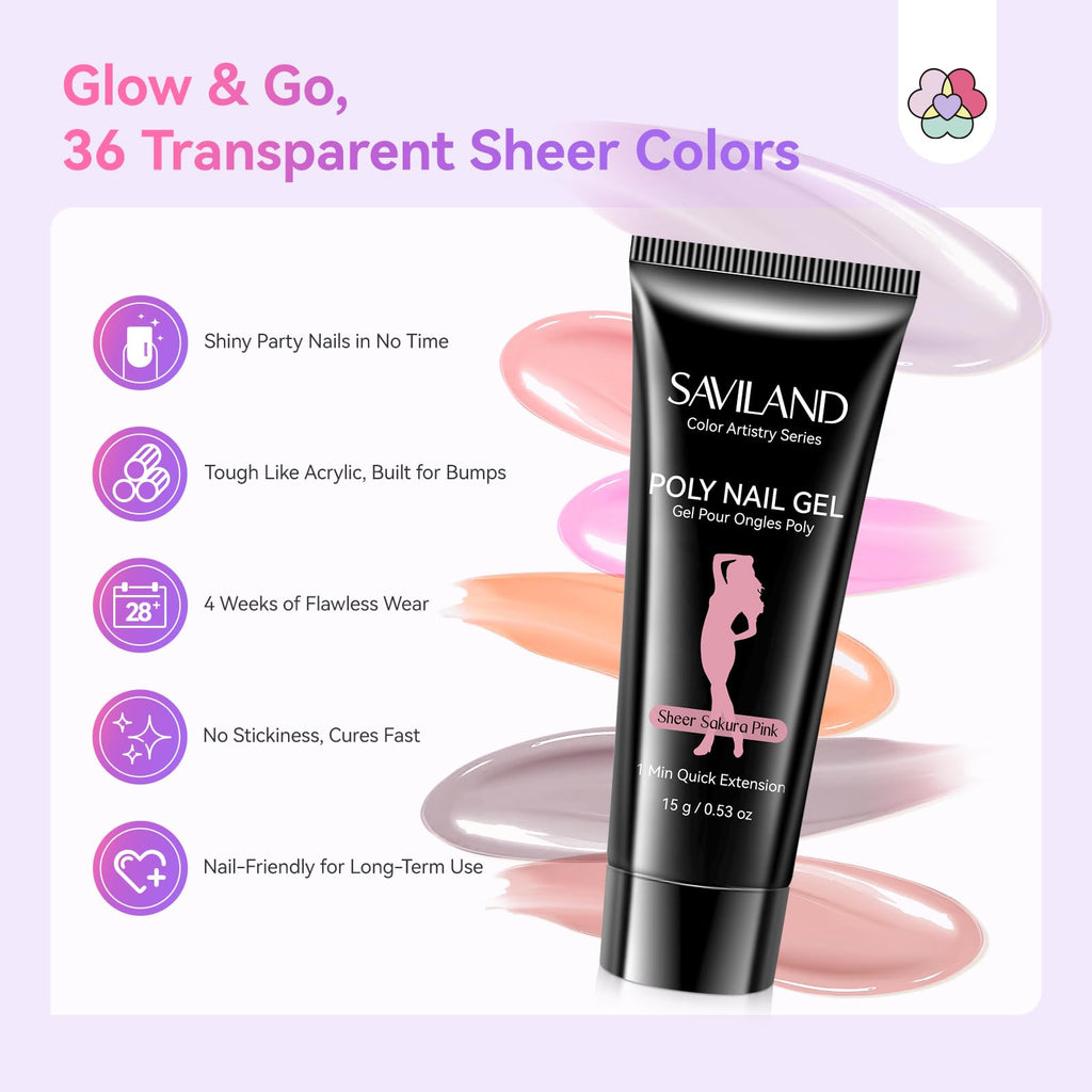 SAVILAND Poly Gel Nail Kit for Starter — 36 Colors, Slip Solution, Mini UV/LED Lamp | All-in-1 Kit
