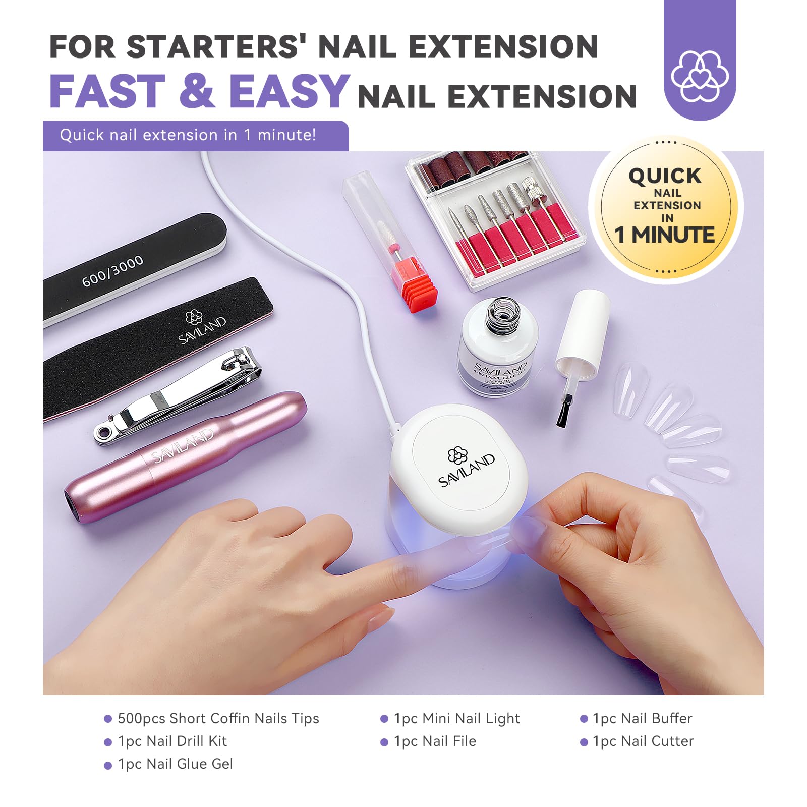 SAVILAND Gel Nail Kit with UV Light | At-Home Manicure Set with 500 Short Coffin Tips, 4-in-1 Glue, Drill & Mini Lamp